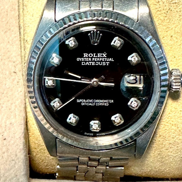 ROLEX MENS 36 mm DATEJUST WATCH STEEL BLACK DIAMOND DIAL FLUTED BEZEL - Picture 5 of 14